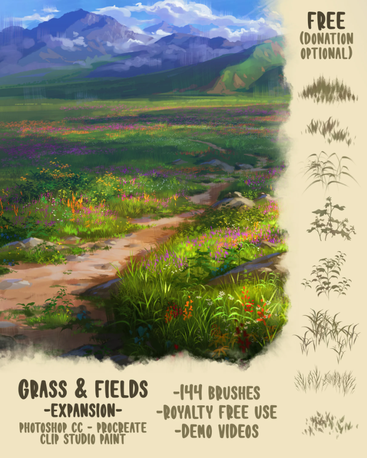 草地田野植被笔刷套装 - Procreate笔刷预览效果