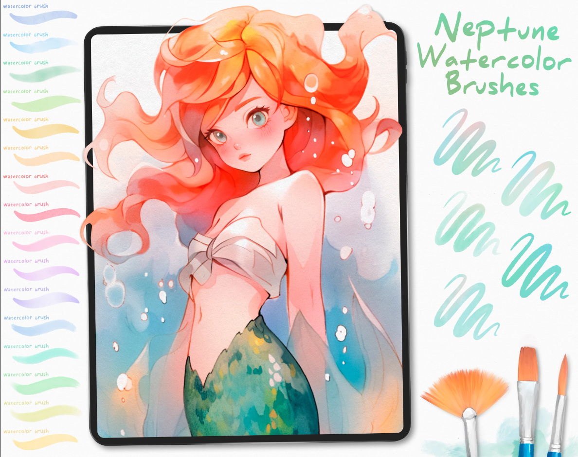 海王星水彩笔刷套装 - Procreate笔刷预览效果