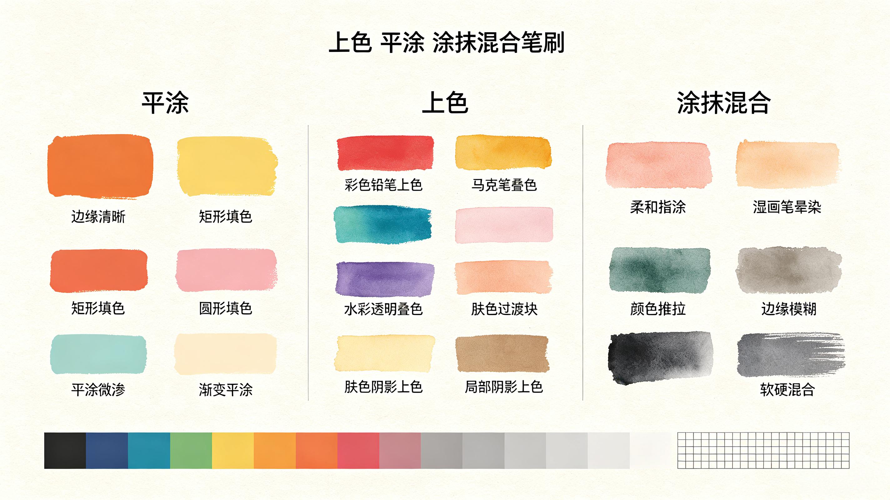 上色平涂涂抹混合笔刷套装 - Procreate笔刷预览效果