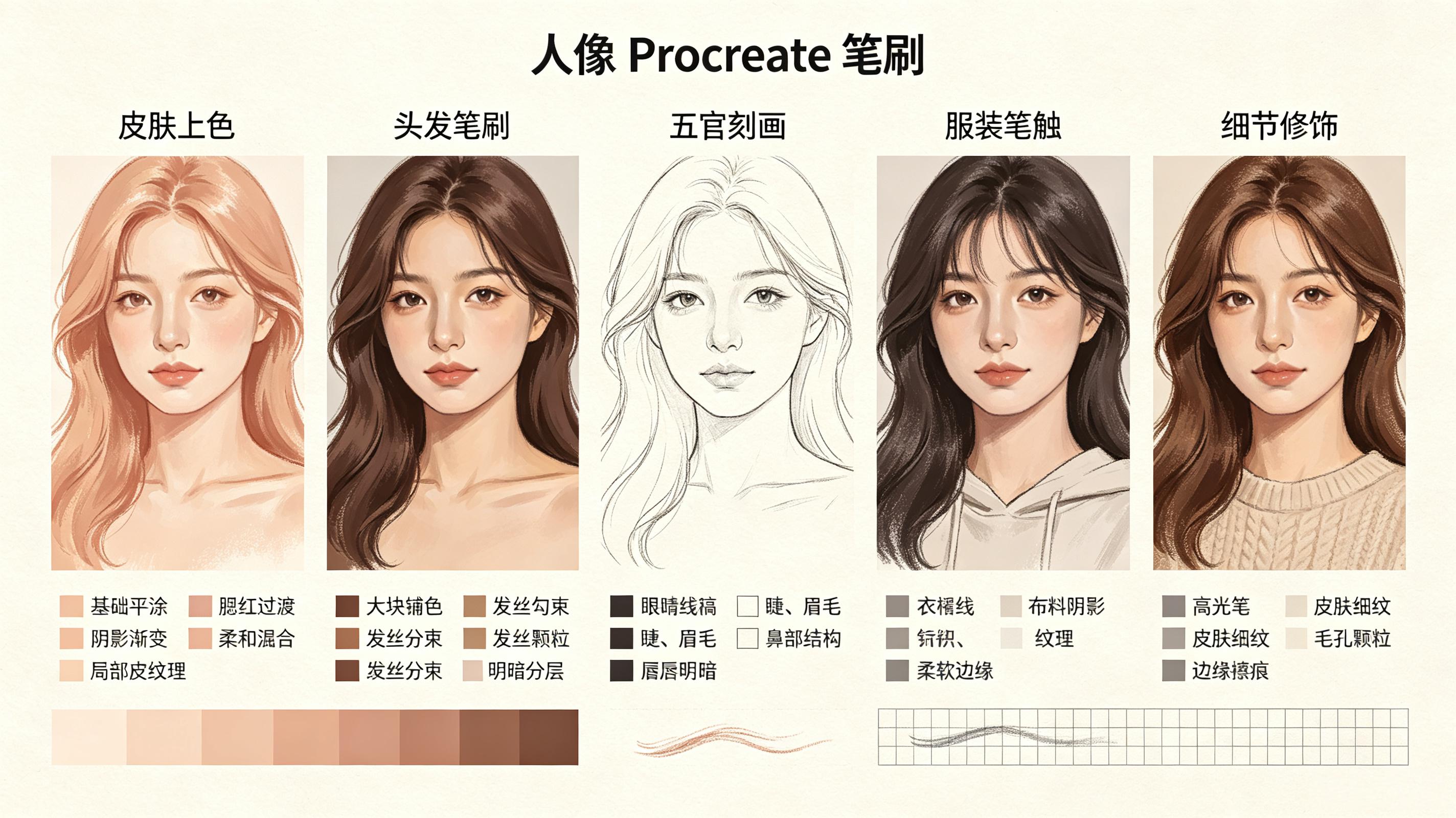 人像笔刷套装 - Procreate笔刷预览效果