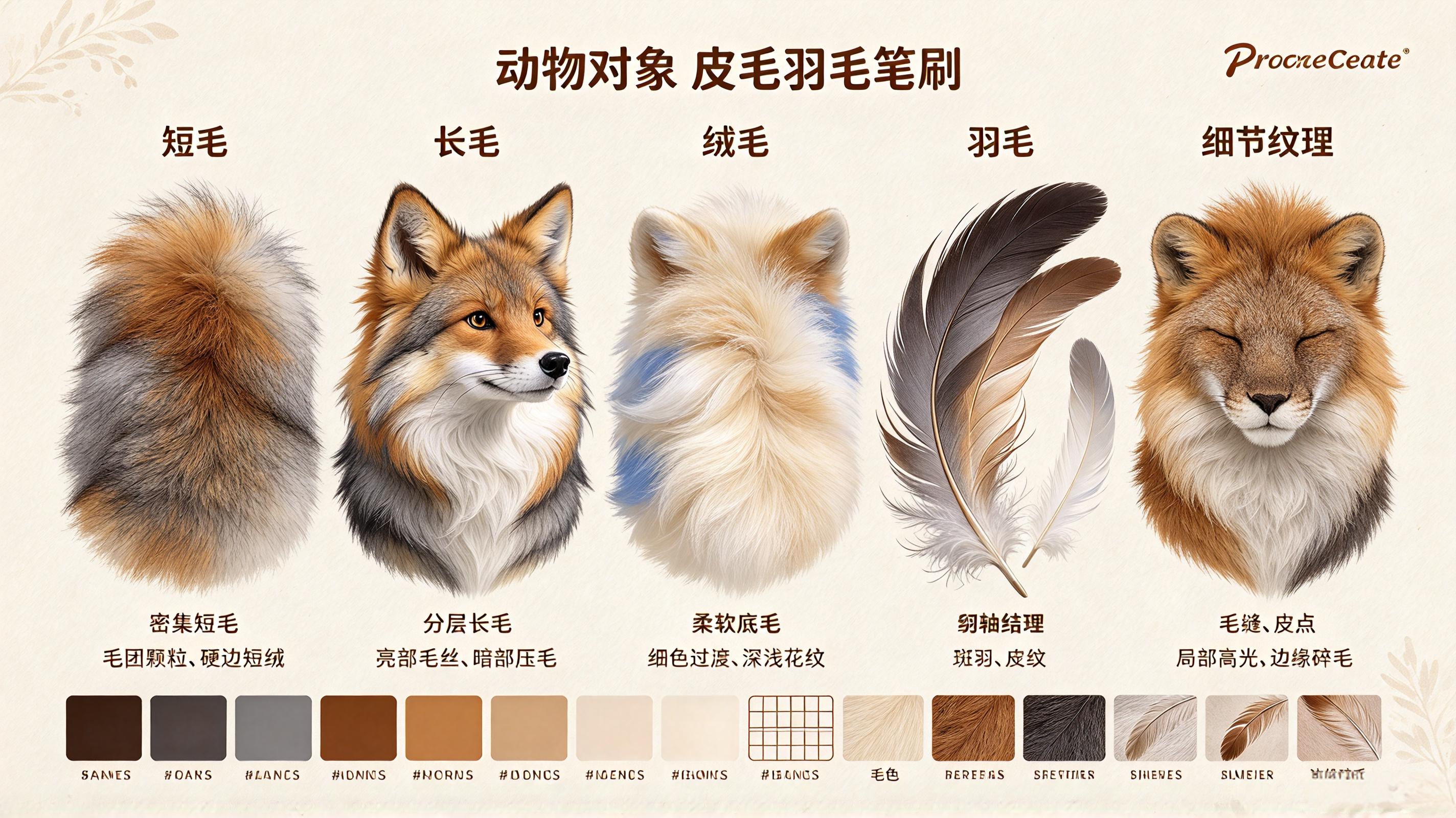 动物皮毛羽毛笔刷套装 - Procreate笔刷预览效果