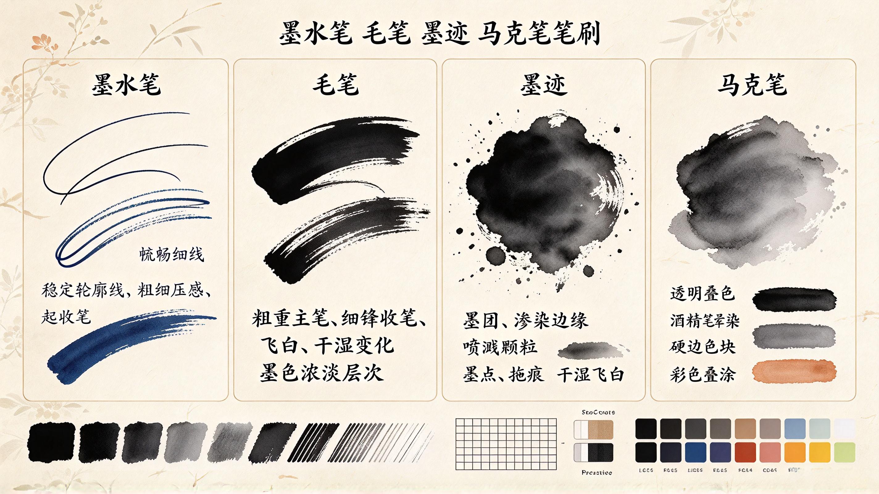 墨水笔毛笔墨迹马克笔套装 - Procreate笔刷预览效果