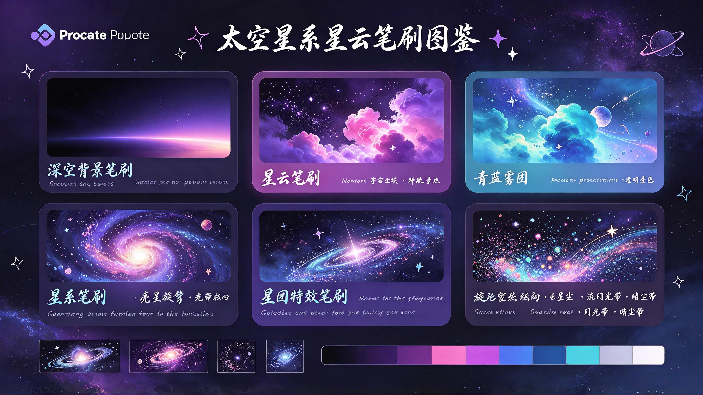 太空星系星云笔刷套装 - Procreate笔刷预览效果