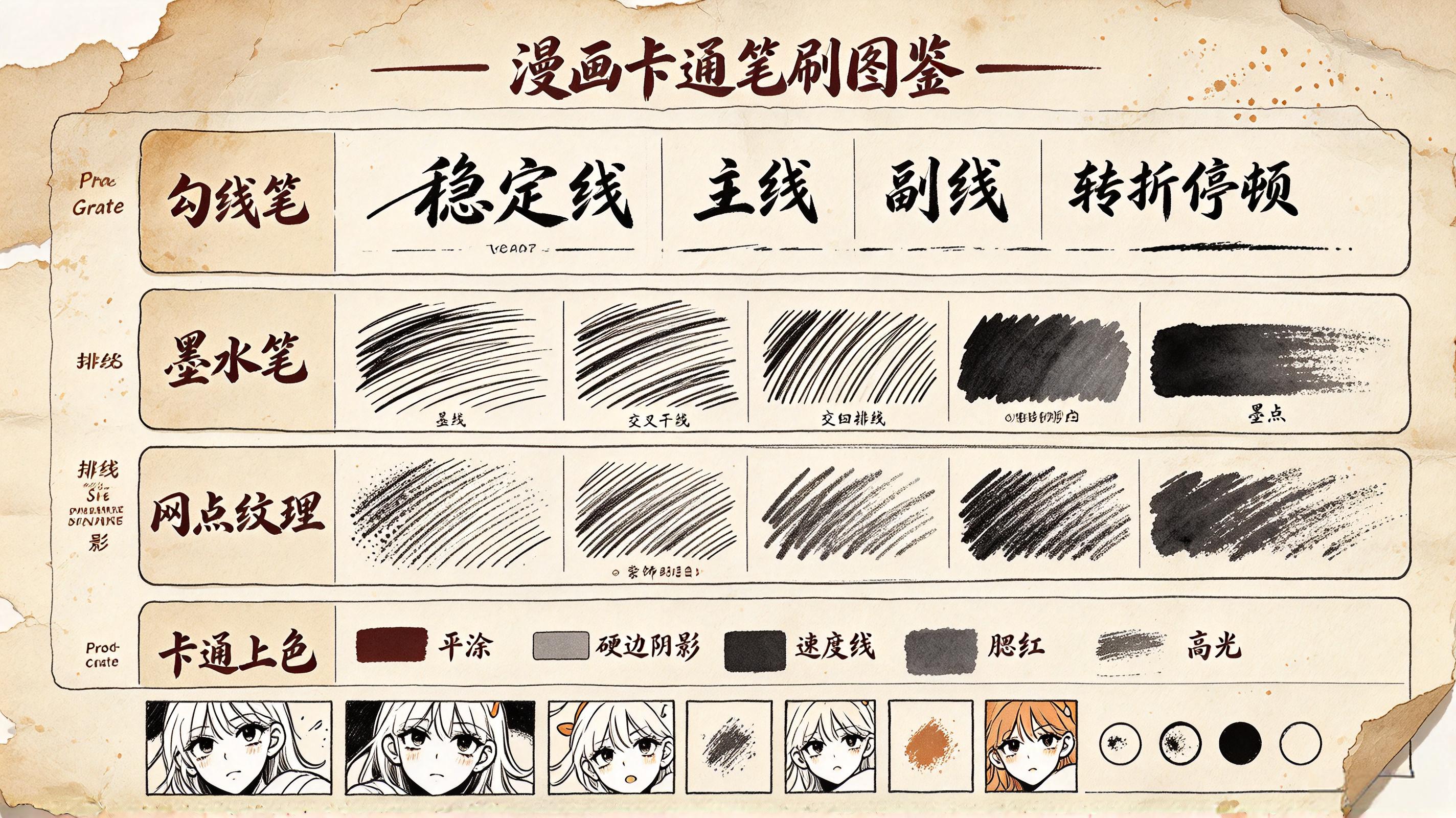 漫画卡通纹理勾线墨水笔套装 - Procreate笔刷预览效果