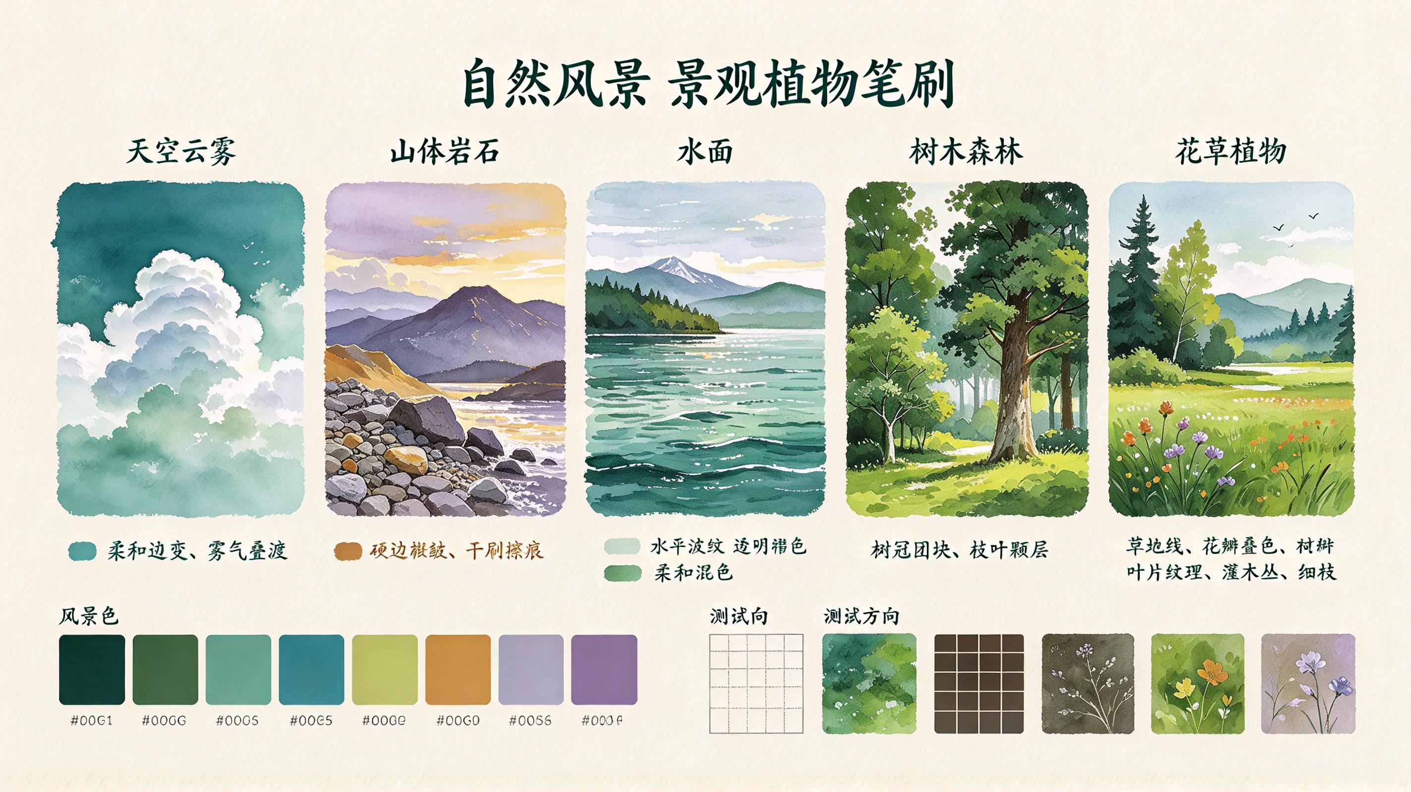 自然风景景观植物笔刷套装 - Procreate笔刷预览效果