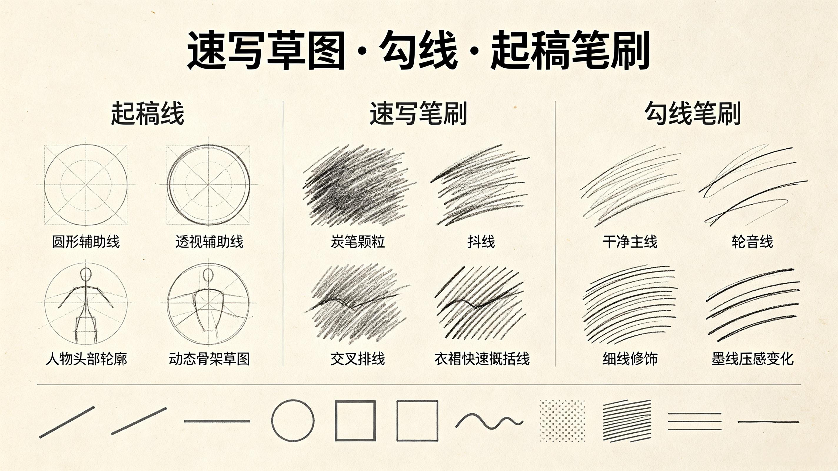 速写草图勾线起稿笔刷套装 - Procreate笔刷预览效果